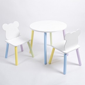 Комплект детский стол КРУГЛЫЙ и два стула МИШКА ROLTI Baby (белая столешница/белое сиденье/цветные ножки) в Озерске - ozersk.ok-mebel.com | фото
